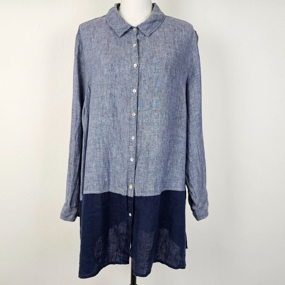 Artisan NY Womens Top Blue Linen Long Sleeve Button Shirt Tunic Sz 1X